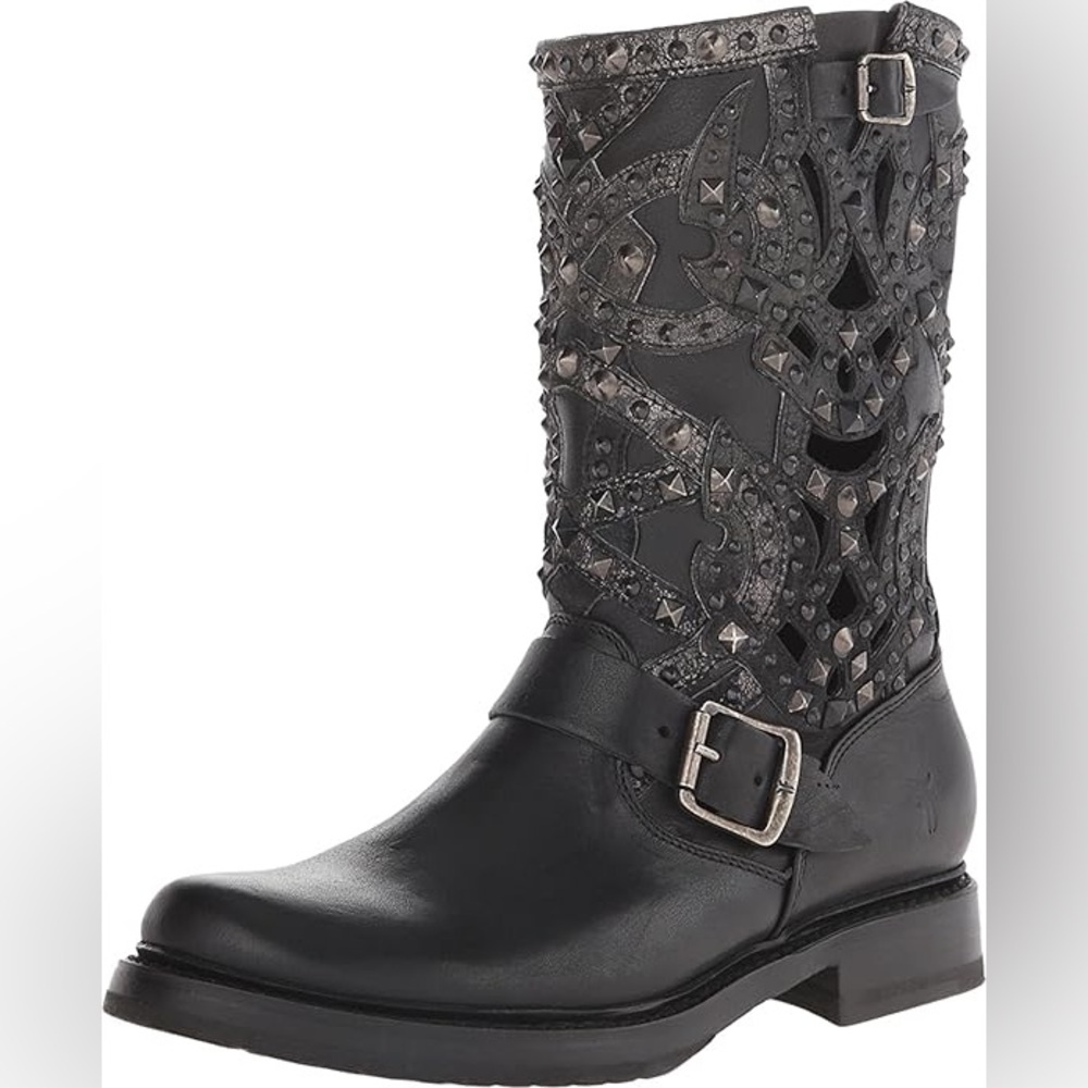 Frye Veronica Deco Black Leather Laser Cut Out Studded Harness Moto Boots EUC 6